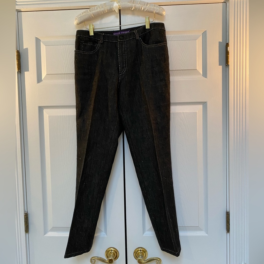 Ralph Lauren Purple Label Black Linen “Jeans” with White Stitching.  Size 8